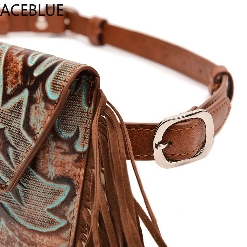 Vintage Tassel Waist Bags For Women Fanny Packs Pu Leather Lady Small Purses