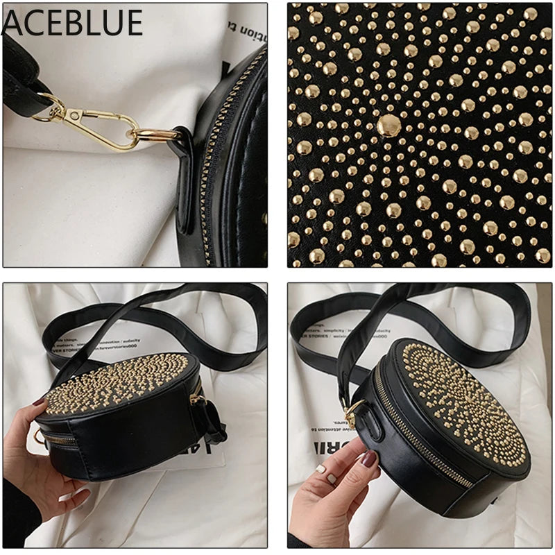 Small Rivet Circular PU Leather Crossbody Bag for Women
