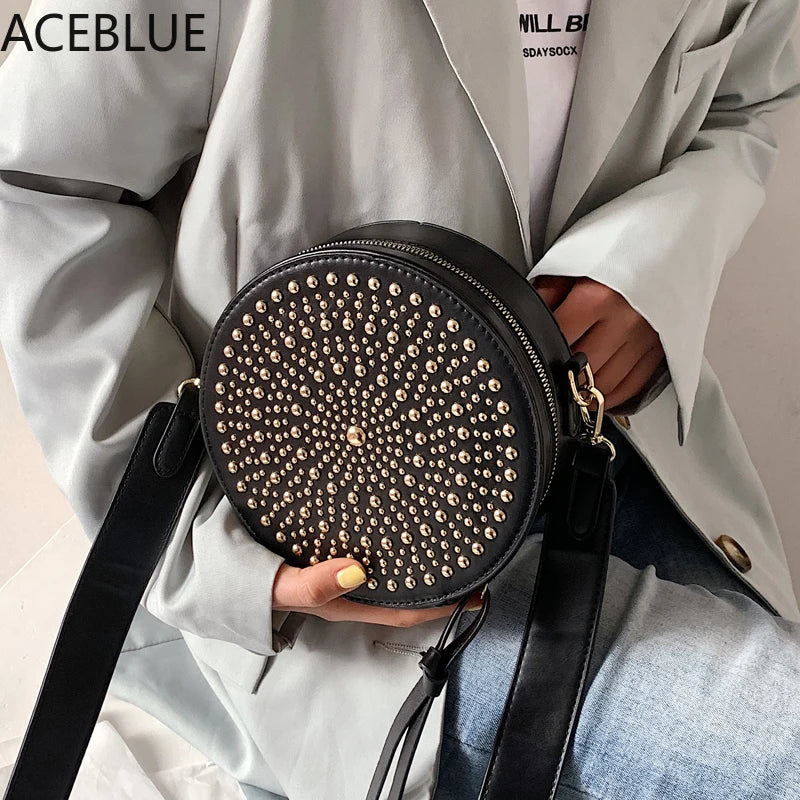 Small Rivet Circular PU Leather Crossbody Bag for Women