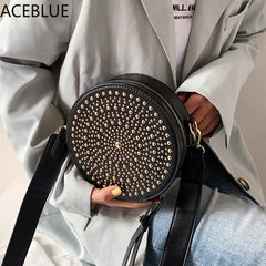 Small Rivet Circular PU Leather Crossbody Bag for Women