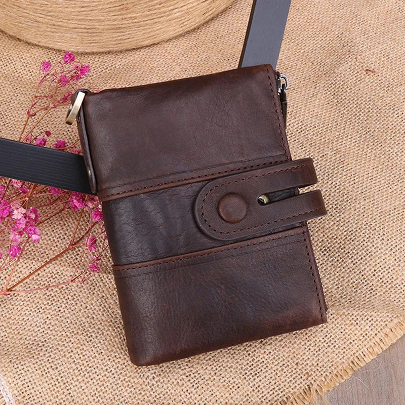 RFID Men's Wallet Crazy Horse Leather Short Zipper Multi-card Retro Style