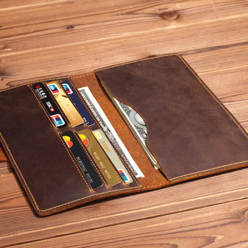 Men's Long Leather Wallet Crazy Horse Retro Business Multi-Card Position Wallet