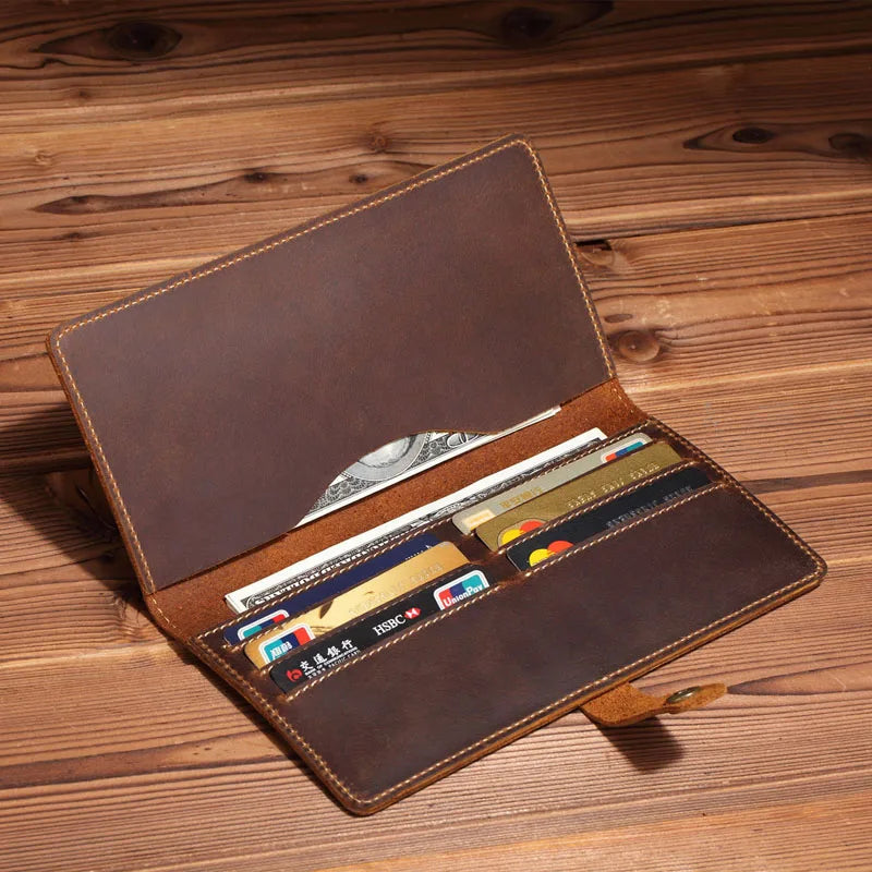 Men's Long Leather Wallet Crazy Horse Retro Business Multi-Card Position Wallet