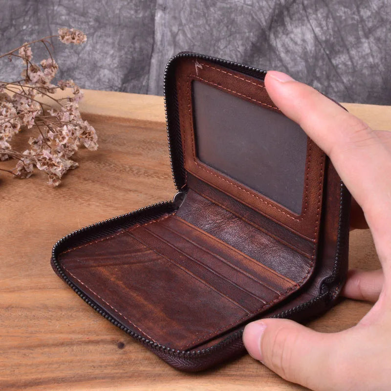 Vintage Leather Short Wallet Zipper Cowhide Large Capacity