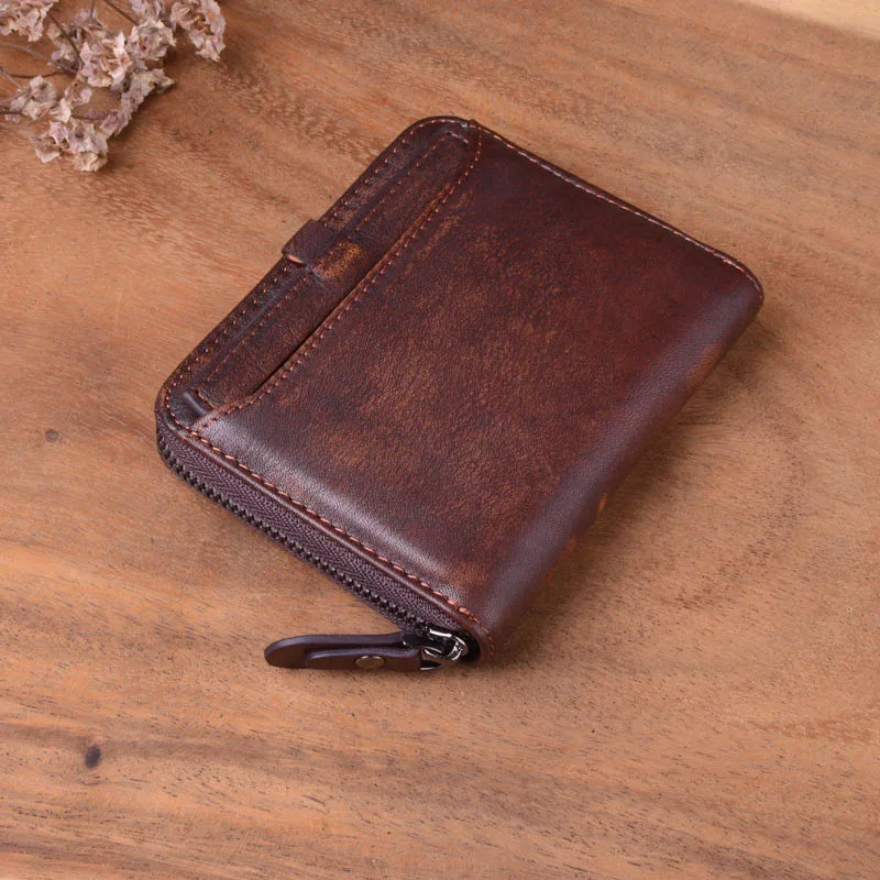 Vintage Leather Short Wallet Zipper Cowhide Large Capacity