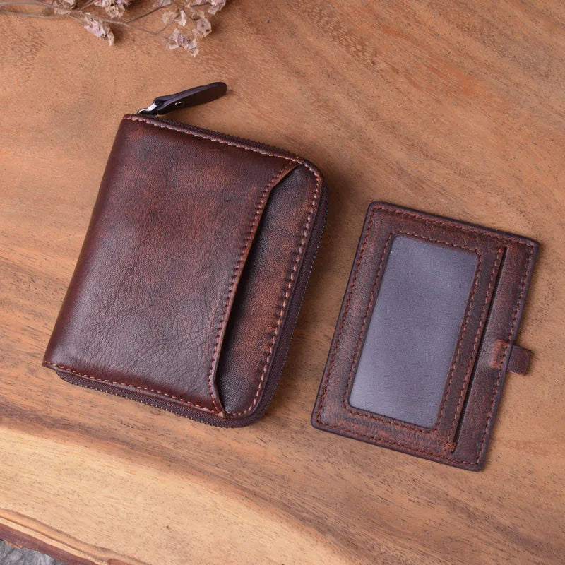 Vintage Leather Short Wallet Zipper Cowhide Large Capacity