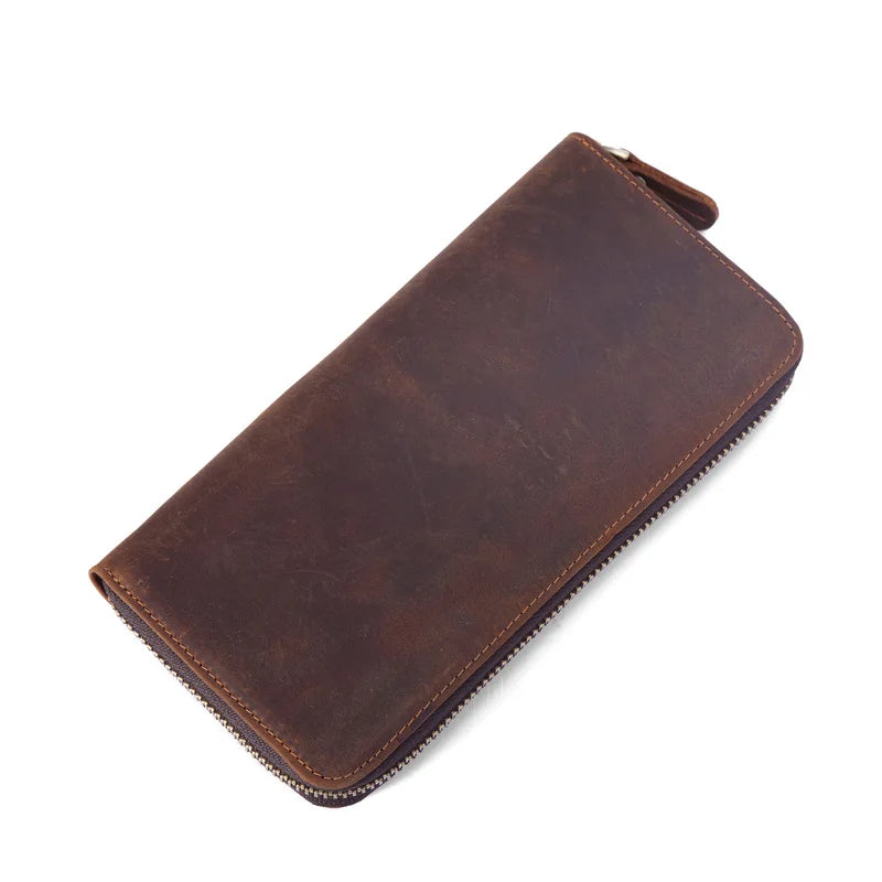 Vintage Leather Wallet Crazy Horse Long Zipper Bag Clutch