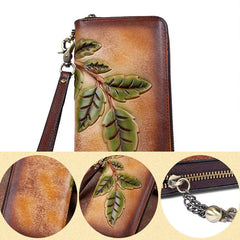 Embossed Vintage Leather Wallet Ladies Clutch Bag Zipper Bag
