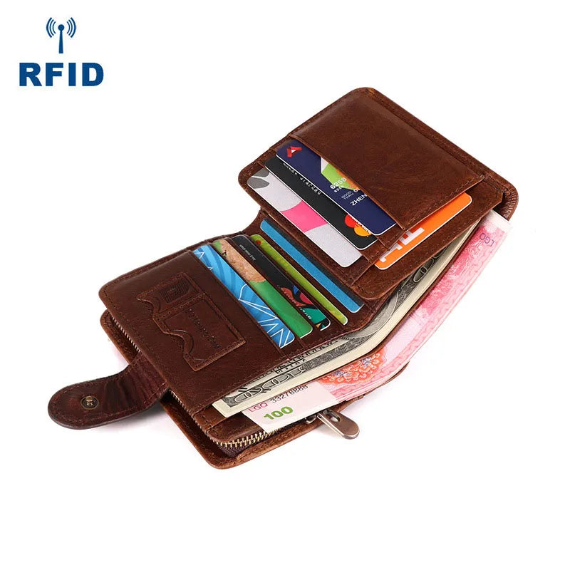 Crazy Horse Leather Men's Wallet Short Antimagnetic Retro Vintage Style