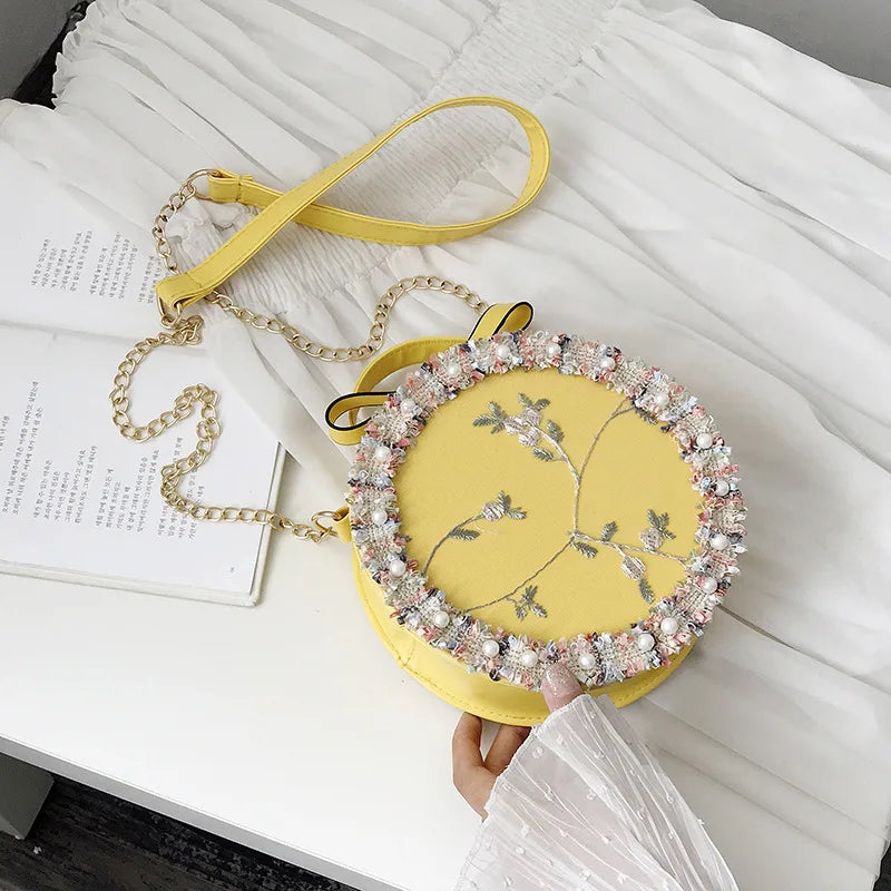 ALANOS Sweet Lace Round Handbags High PU Leather Women Crossbody Bags