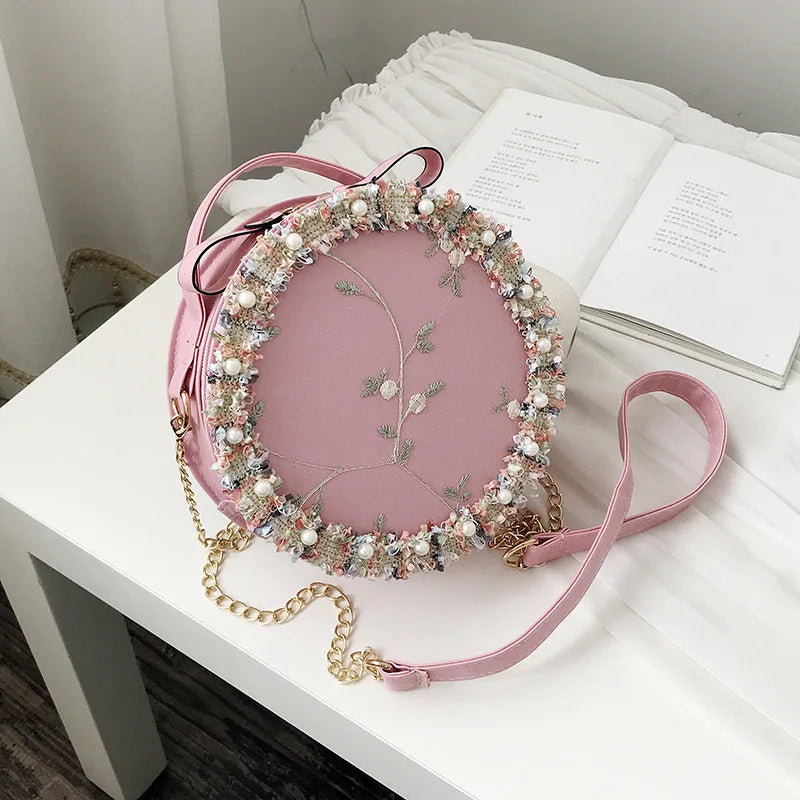ALANOS Sweet Lace Round Handbags High PU Leather Women Crossbody Bags