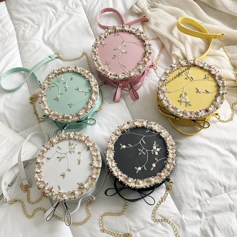 ALANOS Sweet Lace Round Handbags High PU Leather Women Crossbody Bags