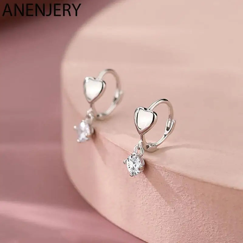 Silver Zircon Tassel Love Heart Hoop Earrings Delicate Sweet Party Jewelry