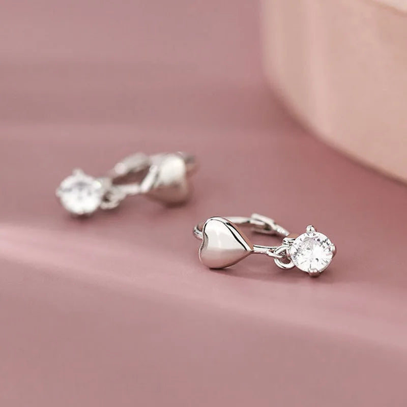 Silver Zircon Tassel Love Heart Hoop Earrings Delicate Sweet Party Jewelry