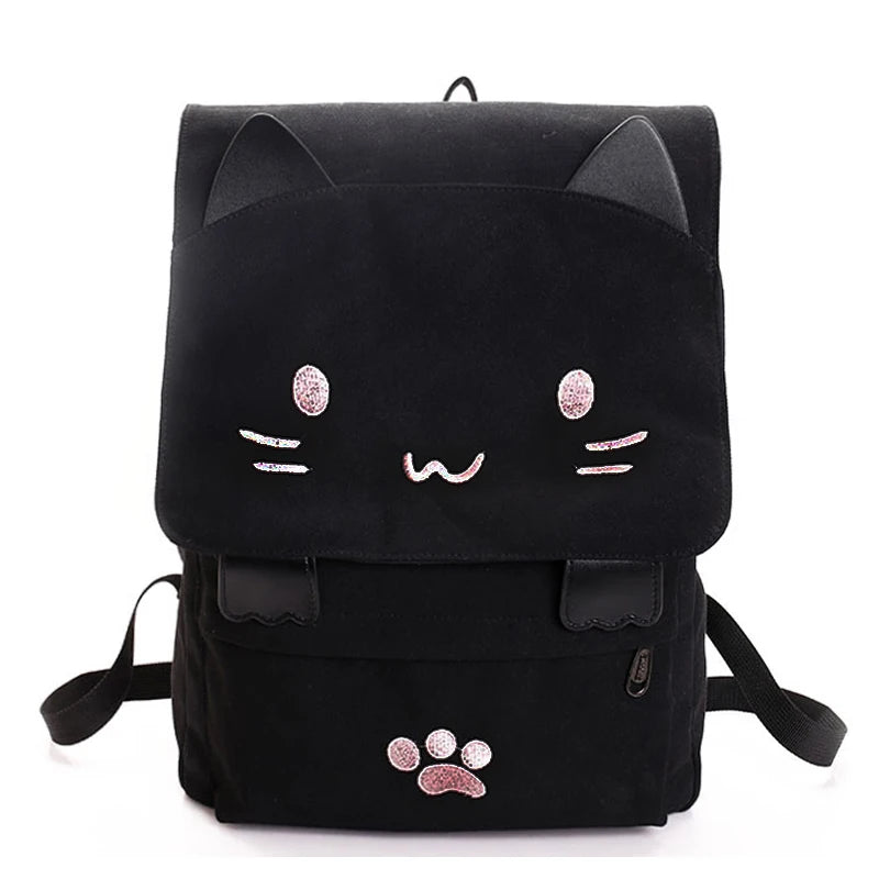 Fashion Cat Embroidery Canvas Student Backpack
