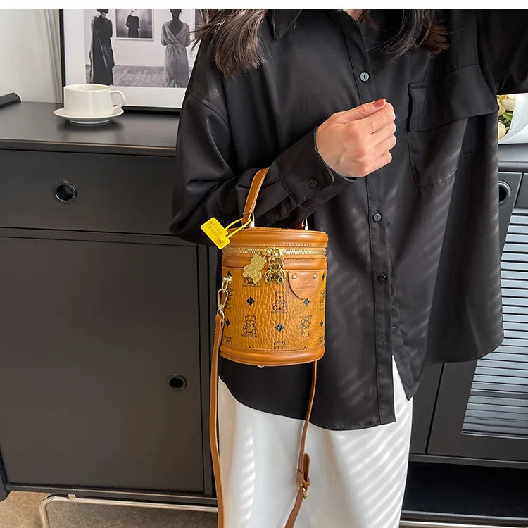 ASHINE Cylinder Bucket Bag Leather Shoulder Crossbody Bag