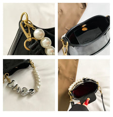 ASHINE Women Patent Leather Hand Bag Heart Pearl Chain Top-handle Bucket Purse