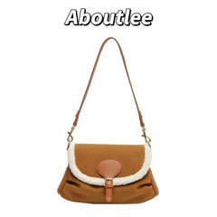 Brown Lambswool Casual Shoulder Bag Vintage Style Handbag