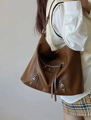 Aboutlee Casual Brown Pu Shoulder Bag Tote Bag Solid High Capacity