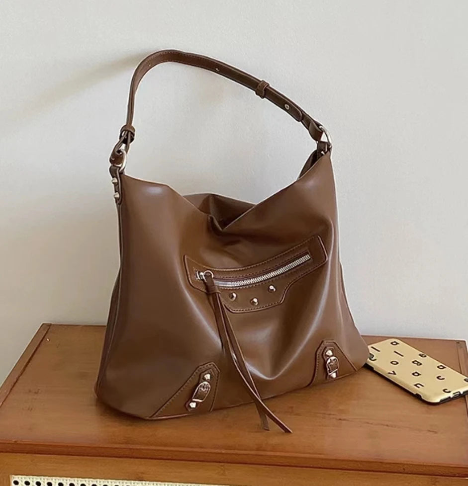 Aboutlee Casual Brown Pu Shoulder Bag Tote Bag Solid High Capacity