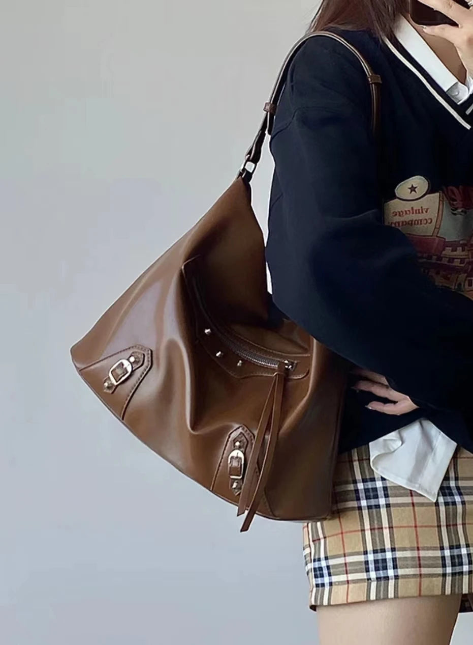 Aboutlee Casual Brown Pu Shoulder Bag Tote Bag Solid High Capacity