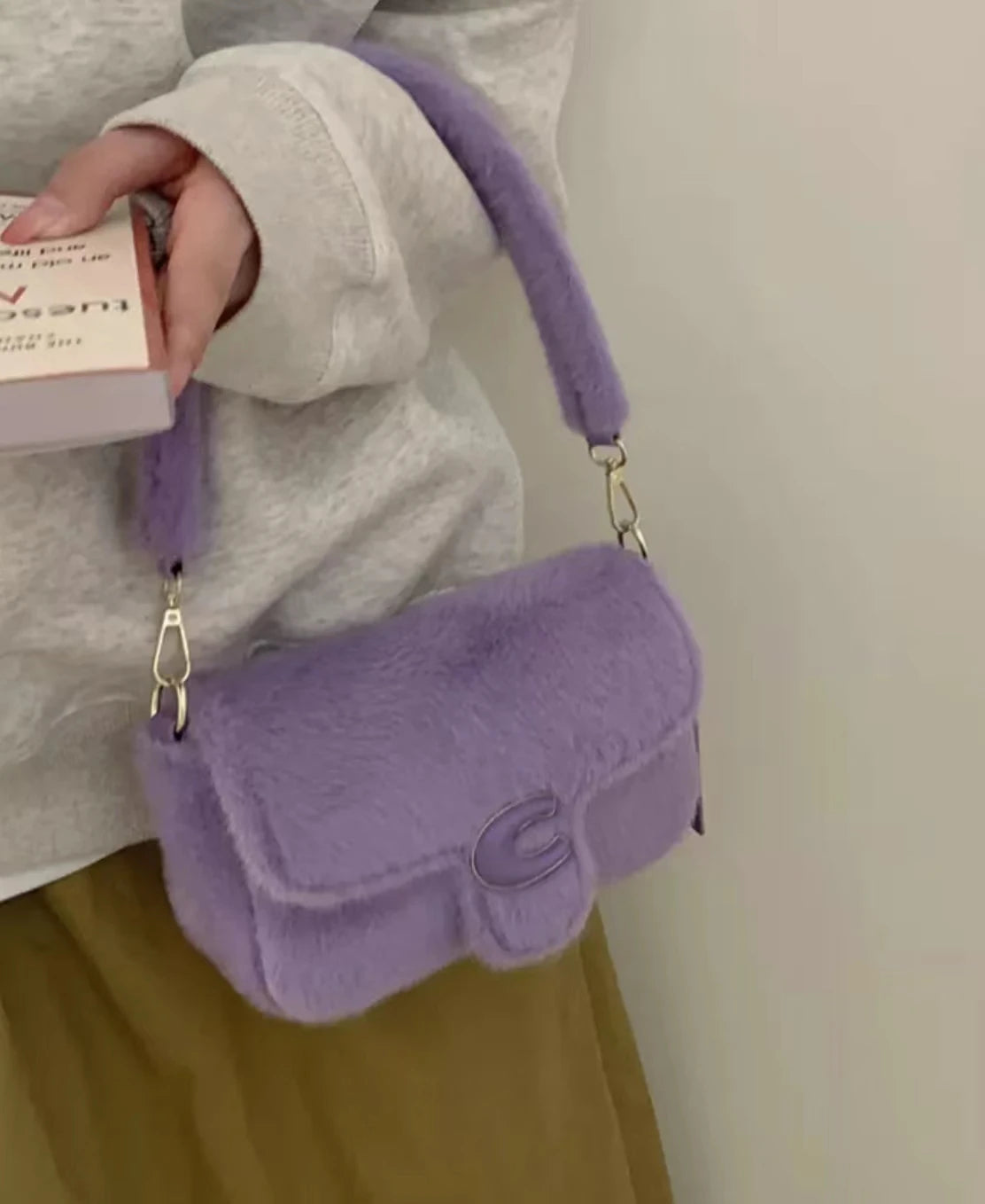Aboutlee Purple Furry Shoulder Bag Retro Casual Handbag