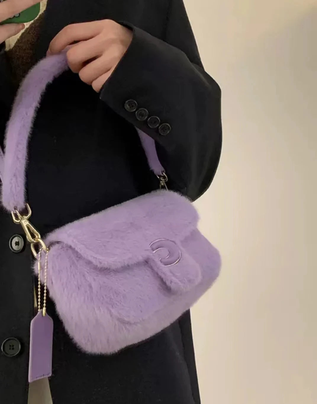 Aboutlee Purple Furry Shoulder Bag Retro Casual Handbag