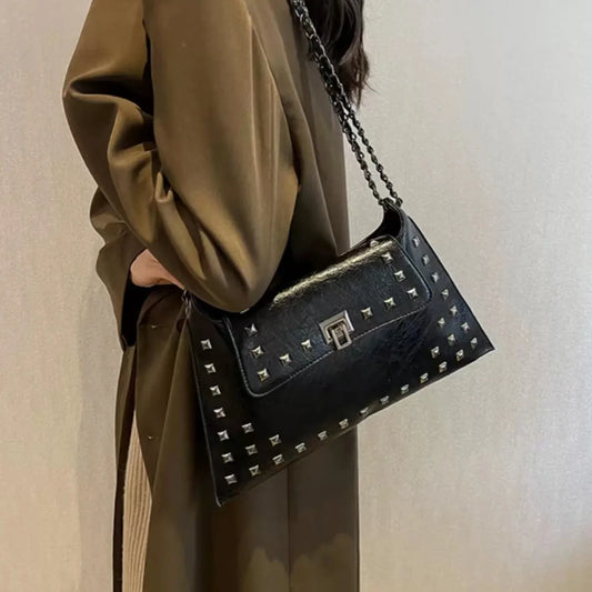 Vintage Leather Envelope Bag with Rivet Decoration