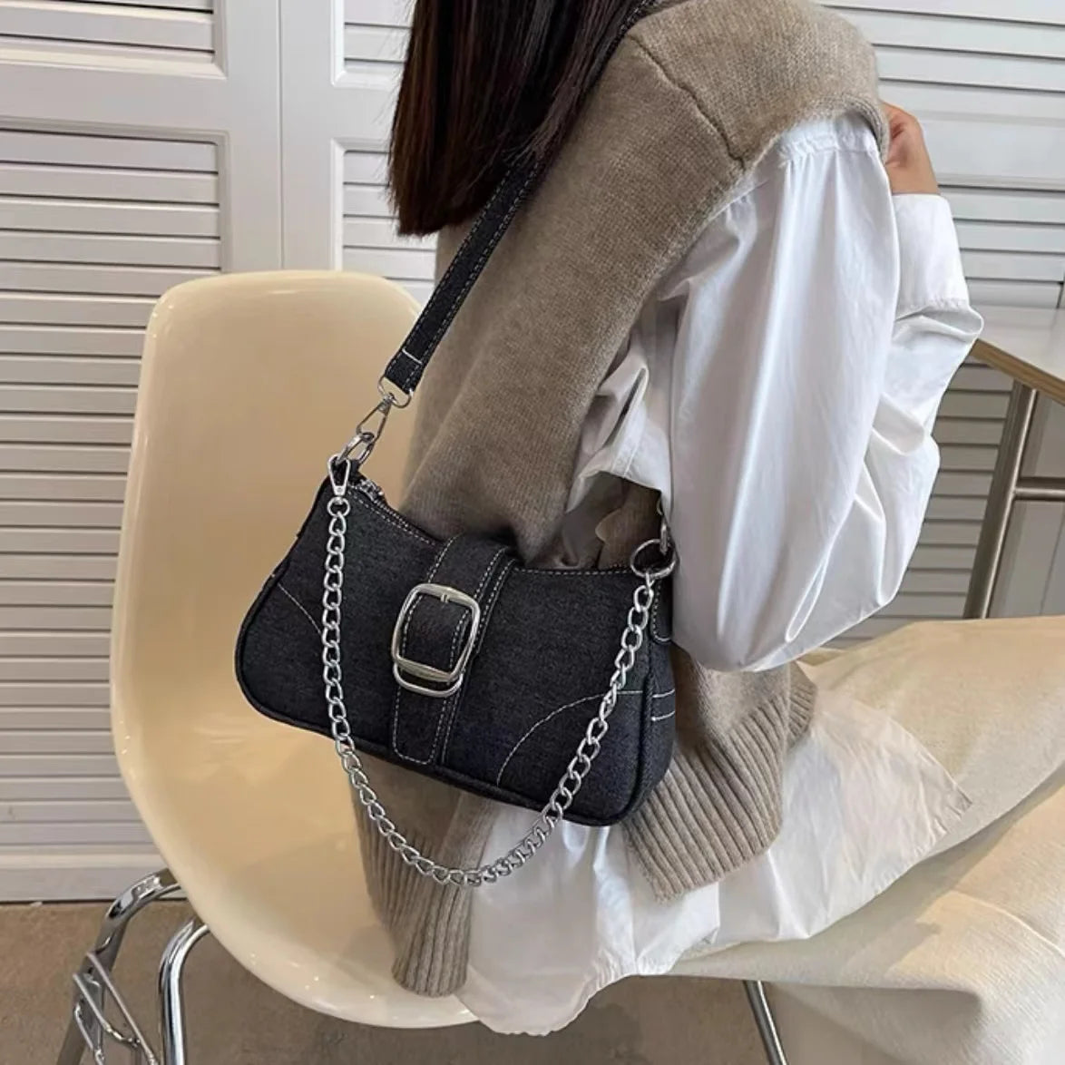 Y2K Denim Women Shoulder Bag Lightweight Chain Decorated Underarm Bag