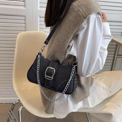 Y2K Denim Women Shoulder Bag Lightweight Chain Decorated Underarm Bag