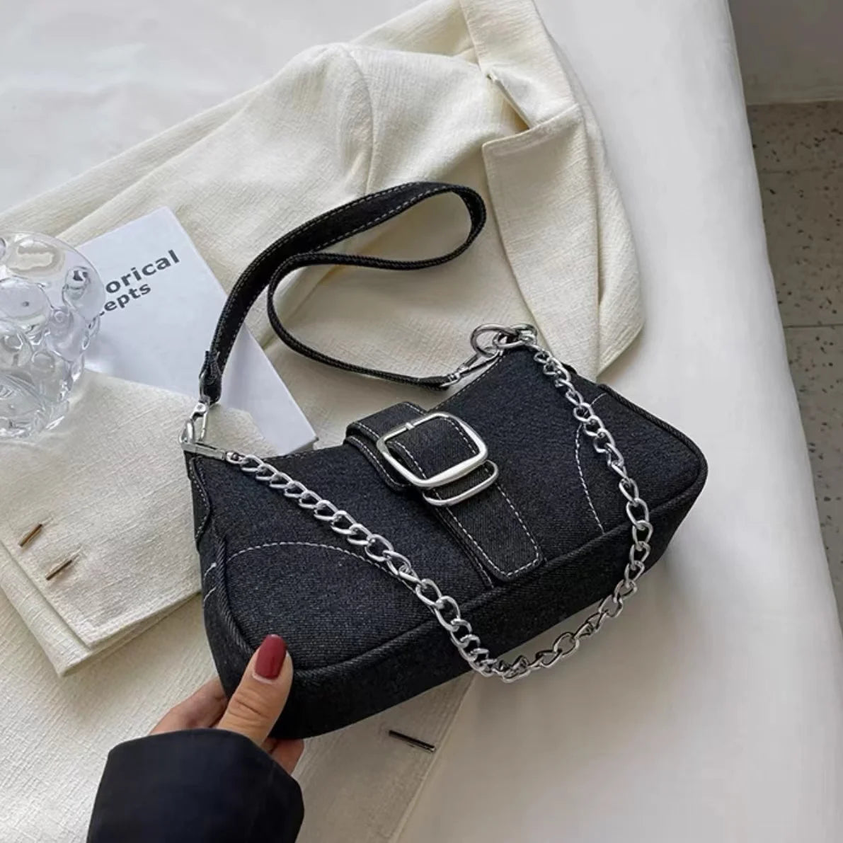 Y2K Denim Women Shoulder Bag Lightweight Chain Decorated Underarm Bag