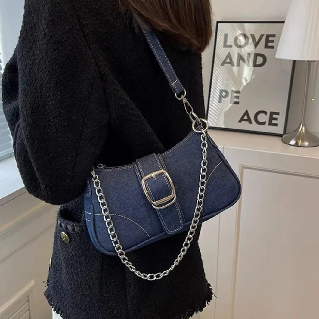 Y2K Denim Women Shoulder Bag Lightweight Chain Decorated Underarm Bag