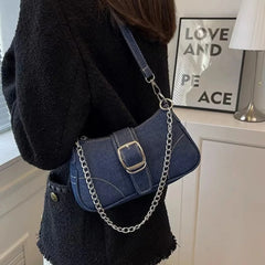 Y2K Denim Women Shoulder Bag Lightweight Chain Decorated Underarm Bag