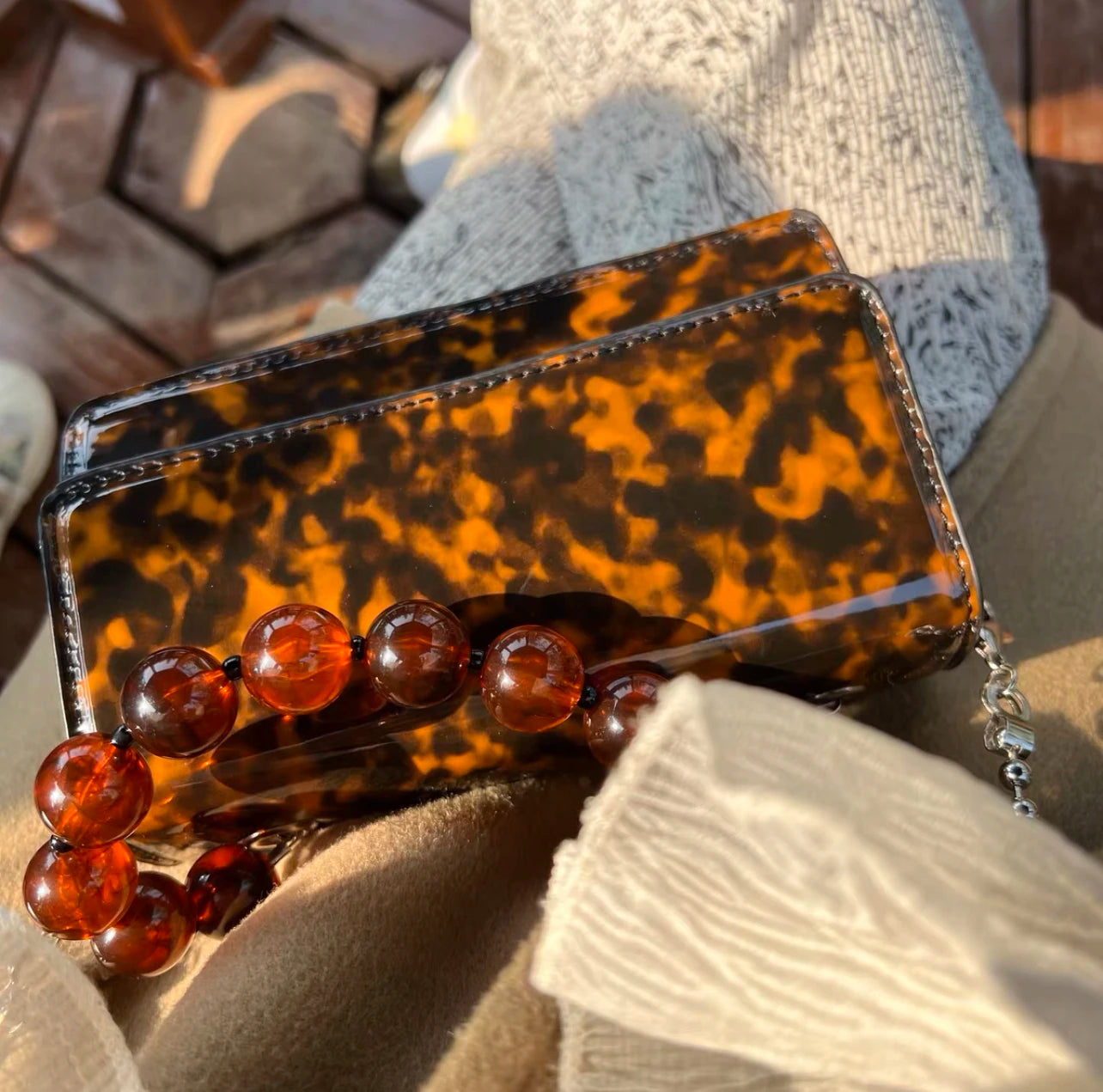 Vintage Beaded Chain Crossbody Bag Amber Pattern Ladies Flap Bag