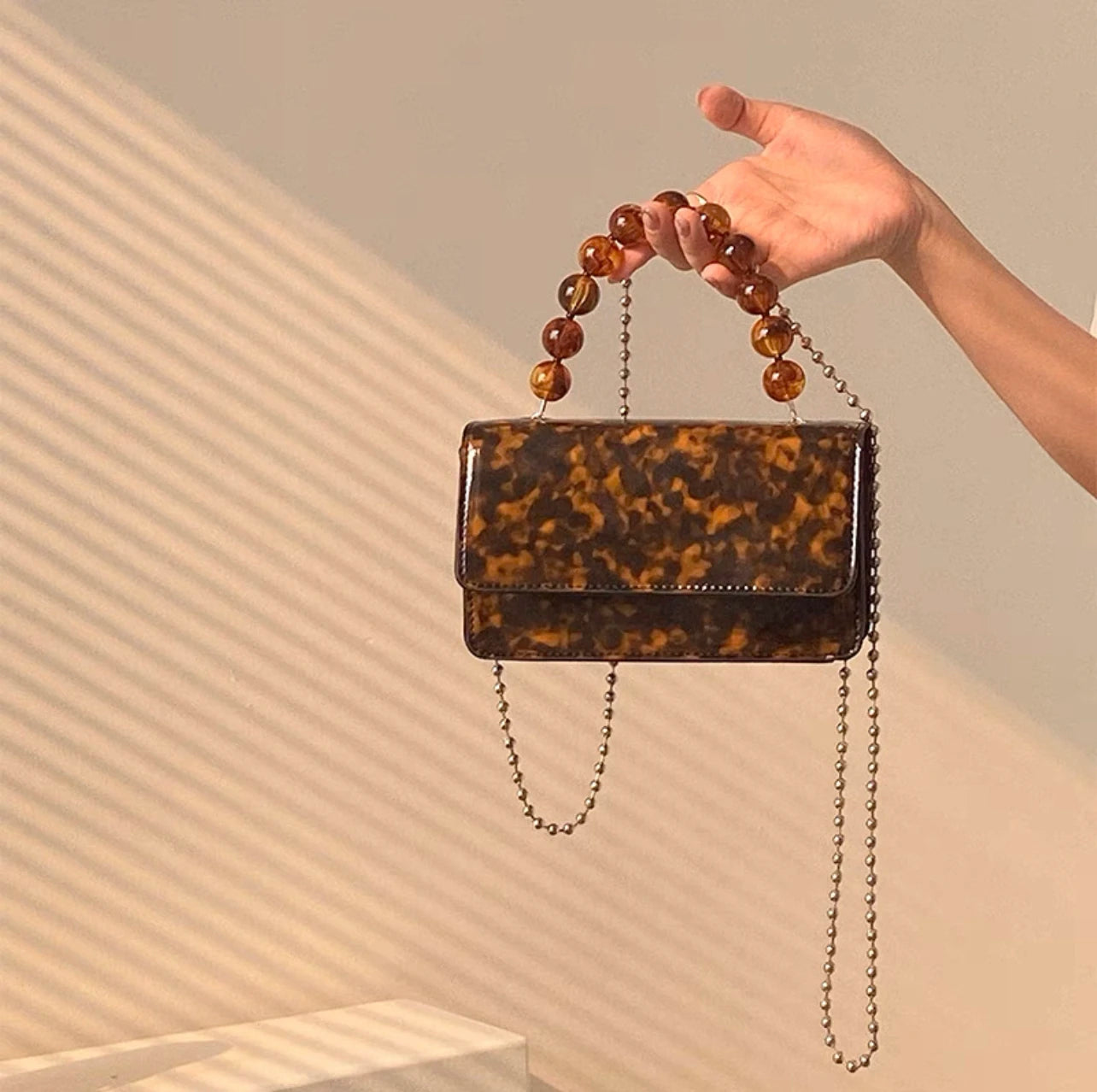 Vintage Beaded Chain Crossbody Bag Amber Pattern Ladies Flap Bag