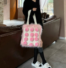 Aboutlee Pink Furry Tot Bag Large Capacity Soft Fur Ball Decorated Handbag Women