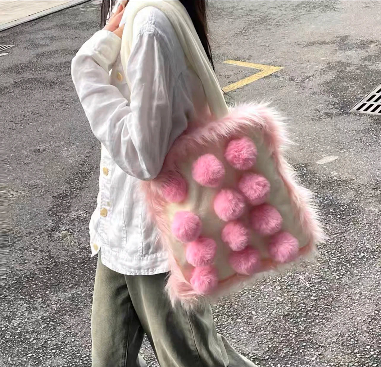 Aboutlee Pink Furry Tot Bag Large Capacity Soft Fur Ball Decorated Handbag Women