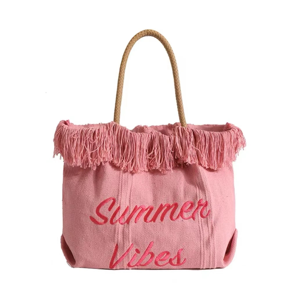 Pink Embroidery Tote Bag Large Capacity Shopping Casual Tassel Women Side Bag