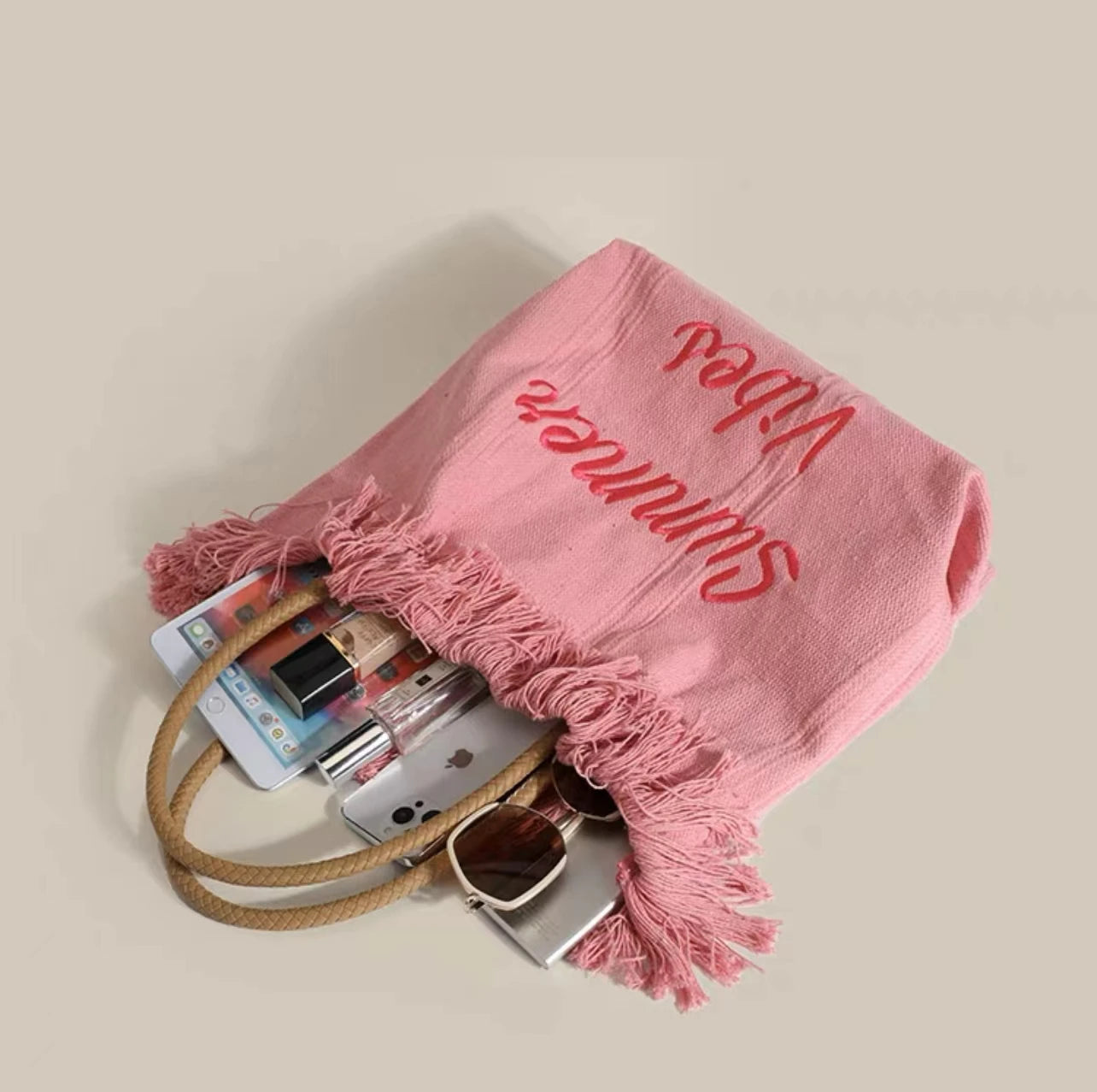 Pink Embroidery Tote Bag Large Capacity Shopping Casual Tassel Women Side Bag