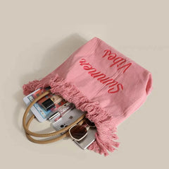 Pink Embroidery Tote Bag Large Capacity Shopping Casual Tassel Women Side Bag
