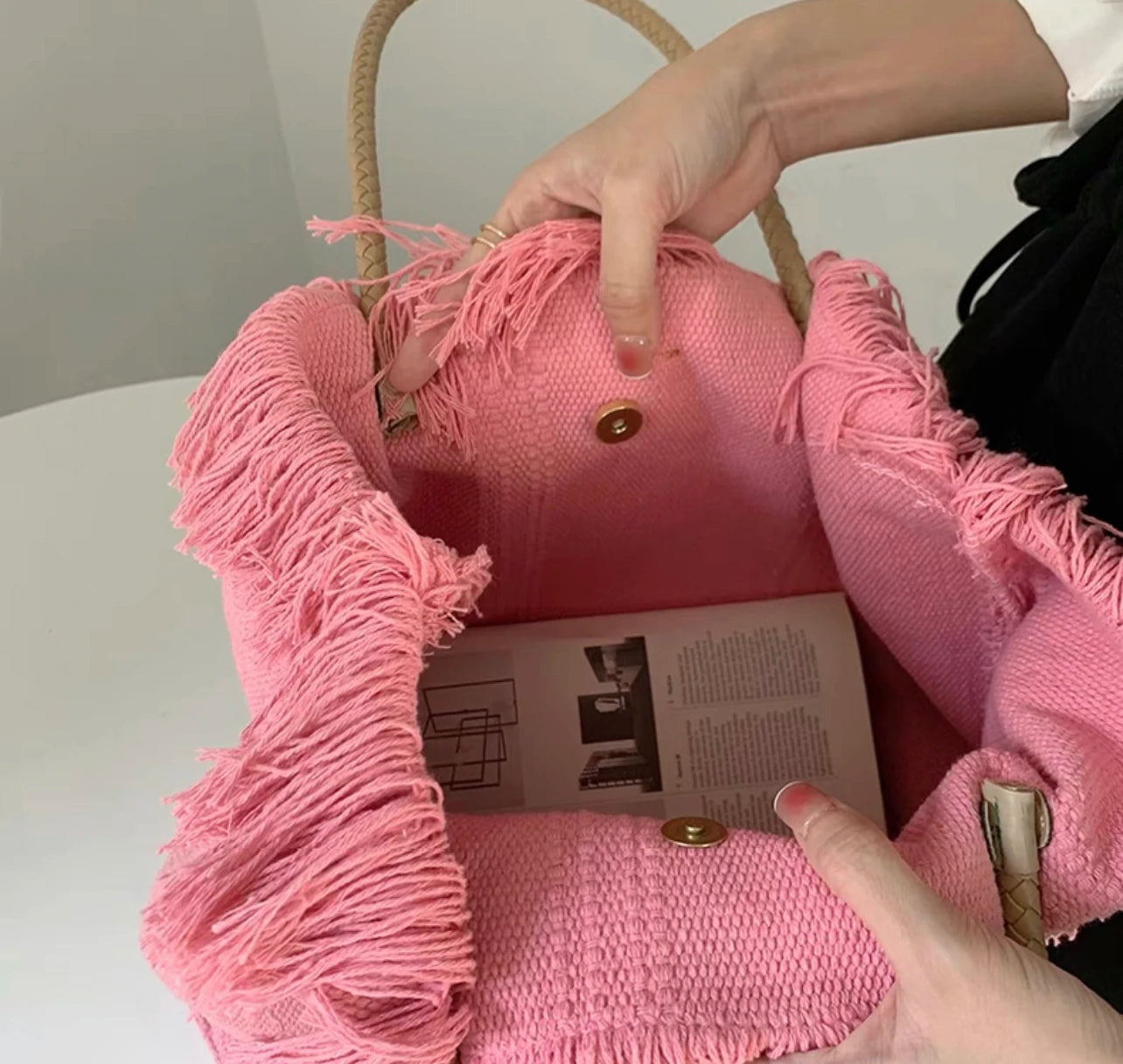 Pink Embroidery Tote Bag Large Capacity Shopping Casual Tassel Women Side Bag