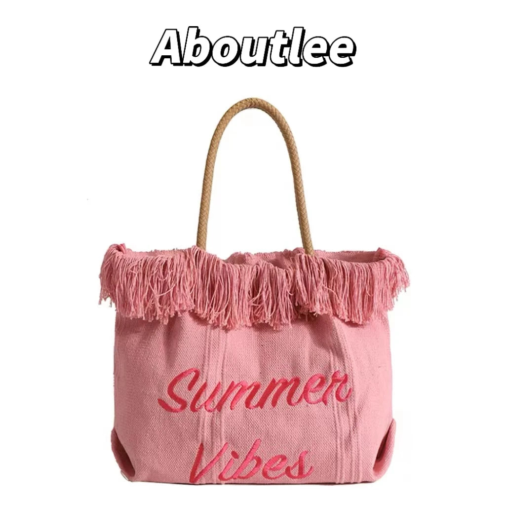 Pink Embroidery Tote Bag Large Capacity Shopping Casual Tassel Women Side Bag