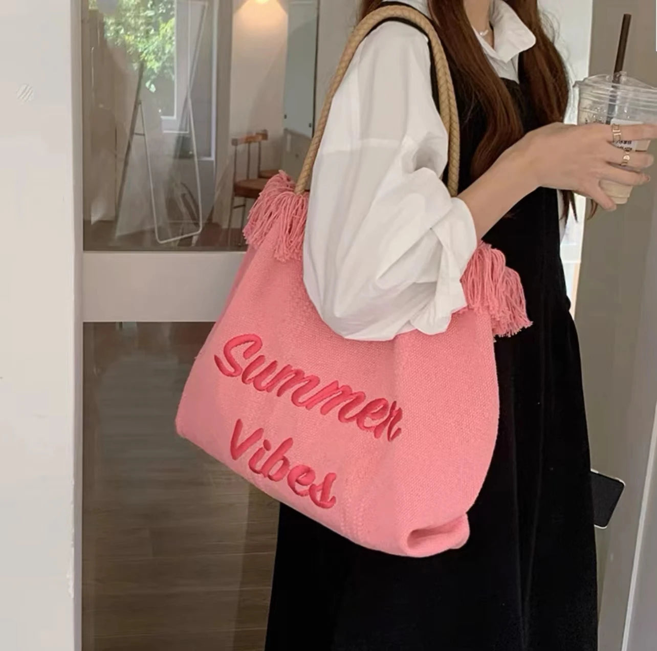 Pink Embroidery Tote Bag Large Capacity Shopping Casual Tassel Women Side Bag
