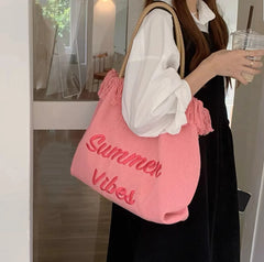 Pink Embroidery Tote Bag Large Capacity Shopping Casual Tassel Women Side Bag