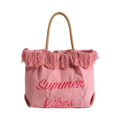 Pink Embroidery Tote Bag Large Capacity Shopping Casual Tassel Women Side Bag