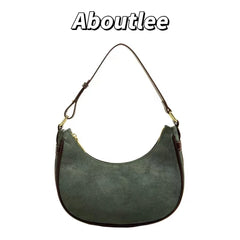 Aboutlee Vintage Green Underarm Bag Plush Crescent Handbag