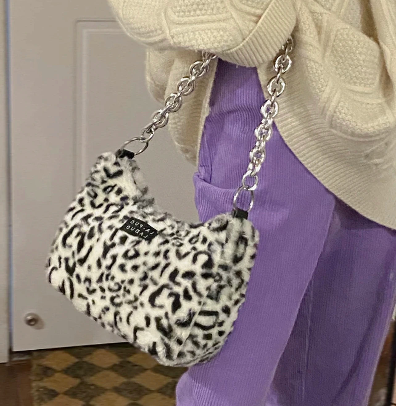 Y2k Leopard Pattern Furry Handbag Chain Side Bag