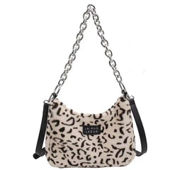Y2k Leopard Pattern Furry Handbag Chain Side Bag