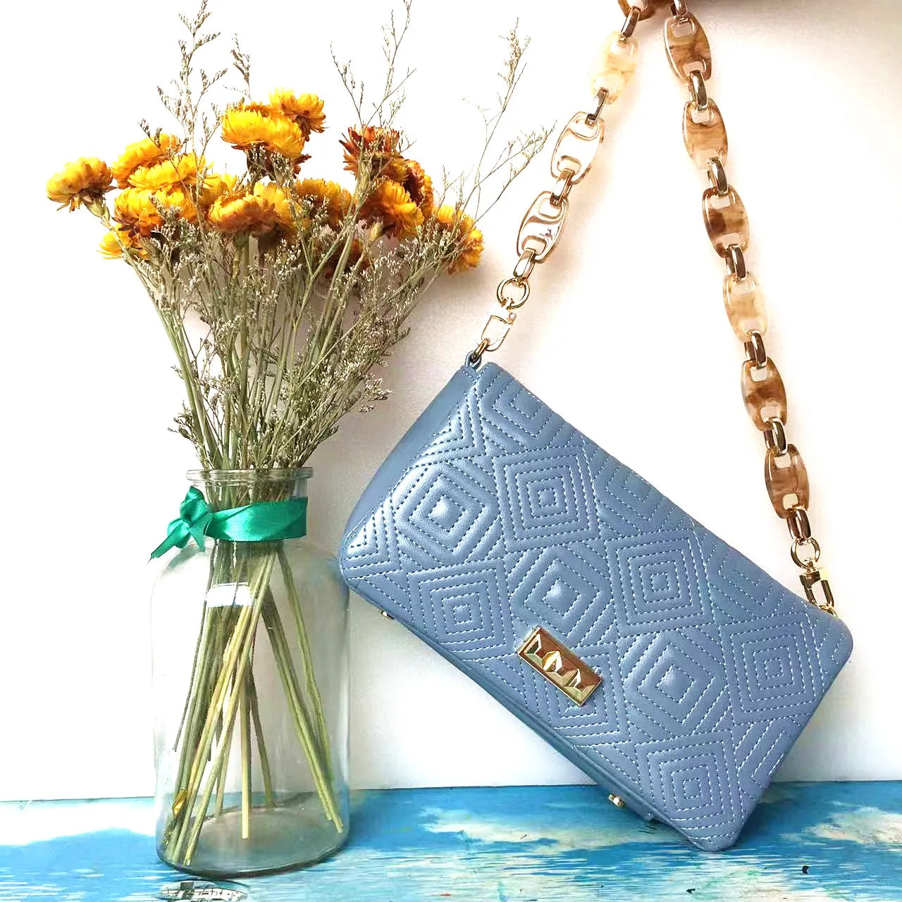 Embroidered Acrylic Chain Shoulder Bag Women's Small Square Purse Handbag