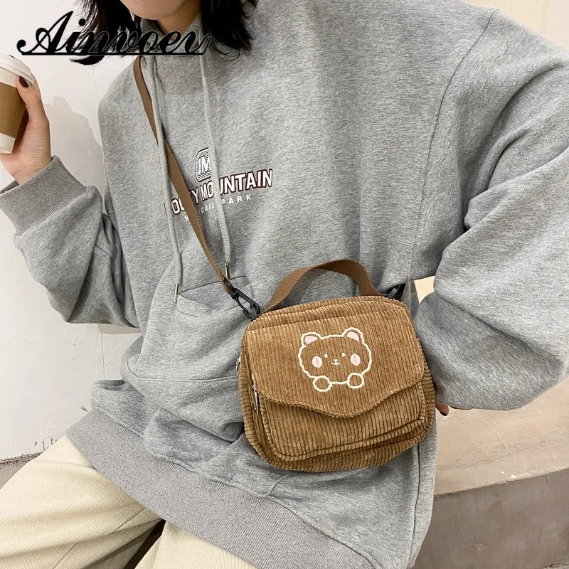 Embroidery Bear Canva Crossbody Bag Portable Mobile Phone Bag